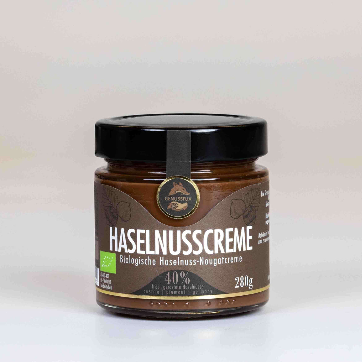 Genussfux Bio-Haselnusscreme 280 g (40 % frisch geröstete Haselnüsse), palmölfrei und handgemacht in Österreich – Vorderansicht des Glases