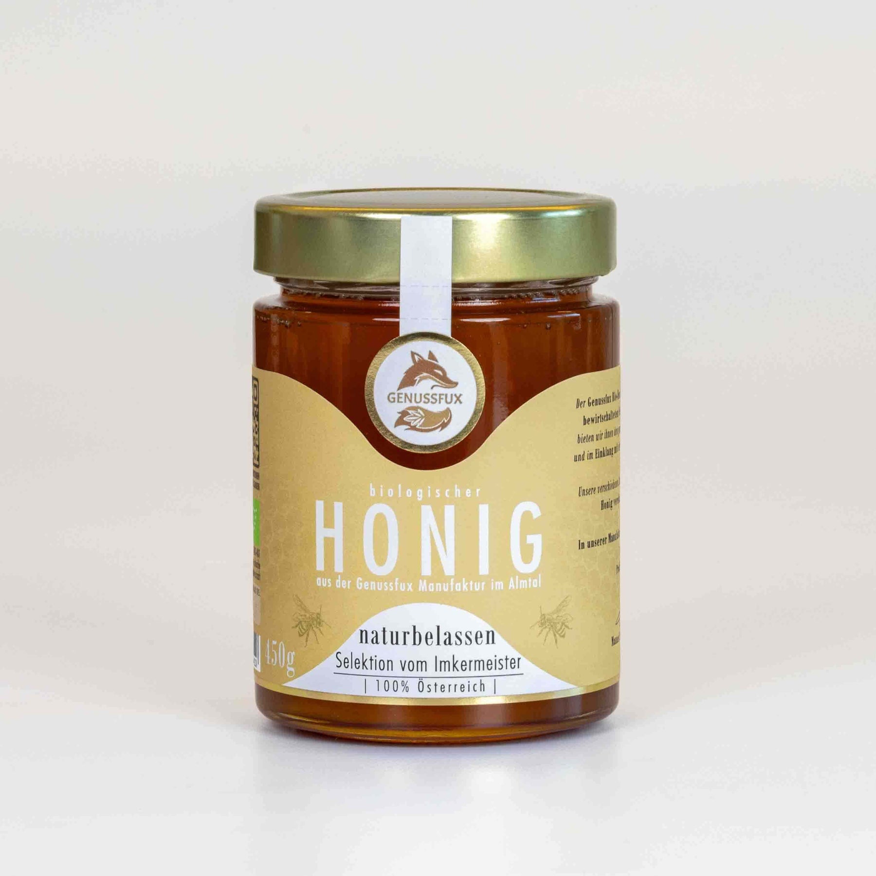 Bio-Honig aus der Genussfux Imkerei im Almtal, naturbelassen und 100 % Österreich, im 450 g Glas