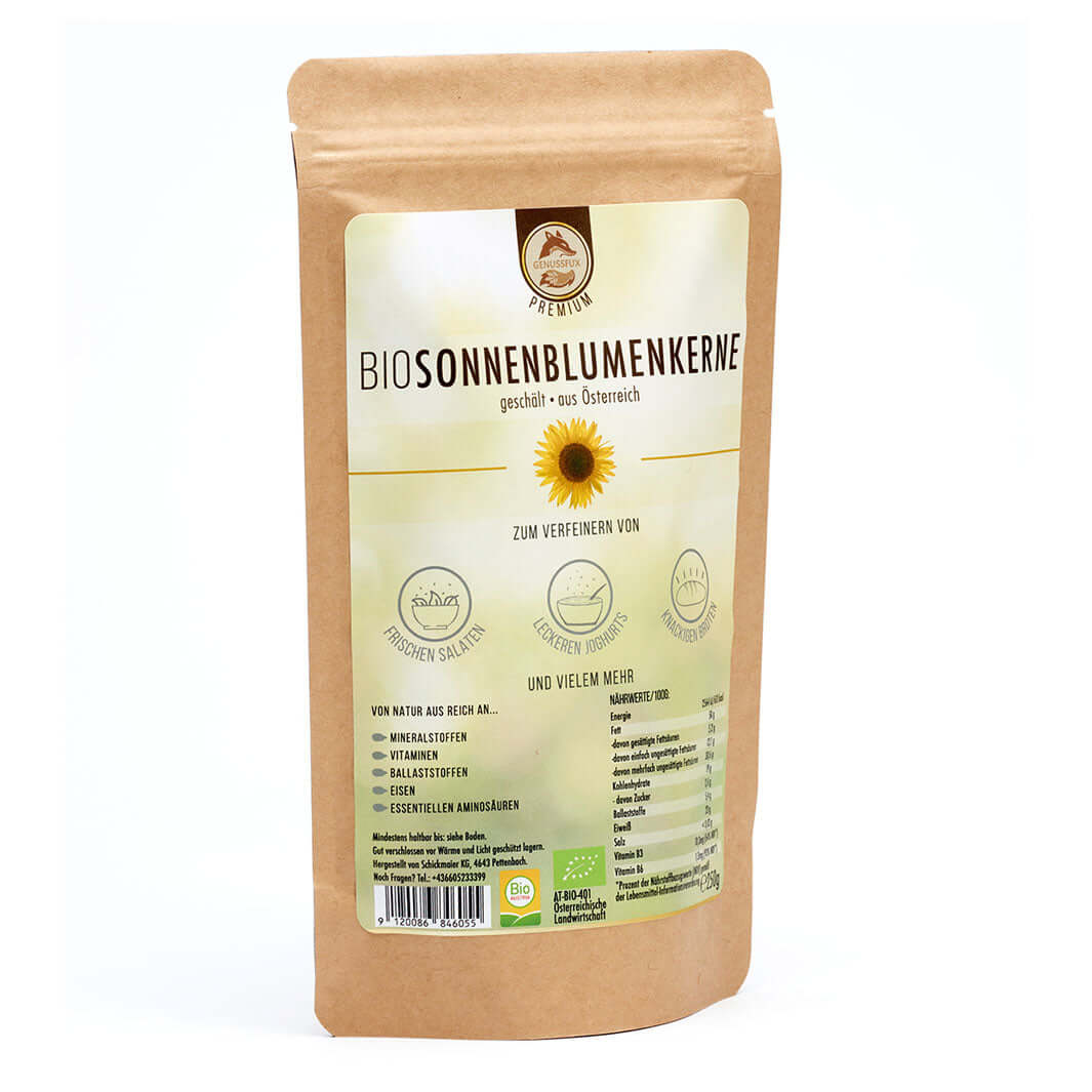 Packung Genussfux Bio-Sonnenblumenkerne (geschält) aus Österreich, Premium-Qualität – ideal als Topping für frische Salate, Joghurt und Porridge