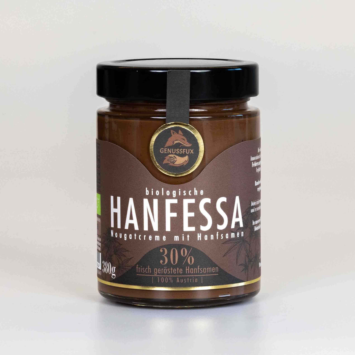 Genussfux Hanfessa Nougatcreme mit 30 % frisch gerösteten Bio-Hanfsamen, palmölfrei und ohne Zusatzstoffe, handgemacht in Österreich