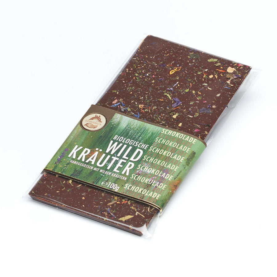Handgegossene Bio-Zartbitterschokolade mit 54 % Kakao und getrockneten Bio-Gartenkräutern, FairTrade-zertifiziert