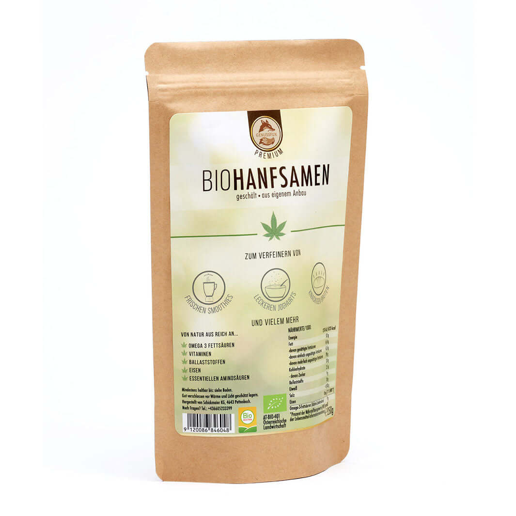 Packung Genussfux Bio-Hanfsamen (geschält) aus eigenem Anbau, Premium-Qualität – ideal als Topping für Smoothies, Joghurt und Brot