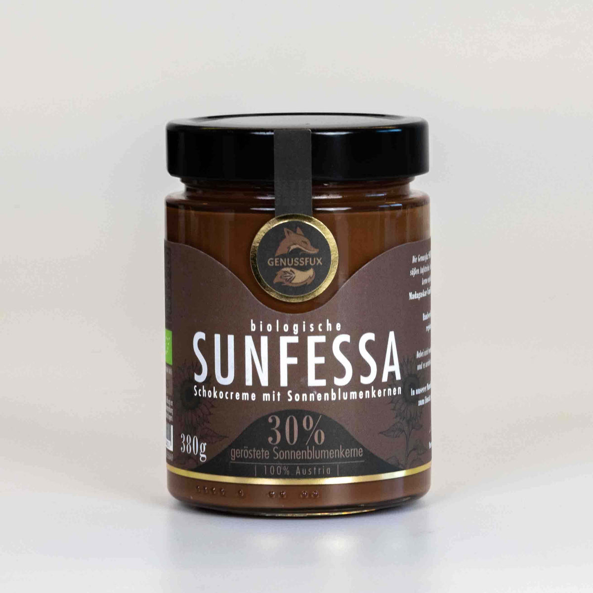 Genussfux Sunfessa Schokocreme mit 30 % gerösteten Bio-Sonnenblumenkernen, palmölfrei und handgemacht in Österreich – Vorderansicht des Glases