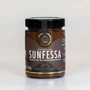 Genussfux Sunfessa Schokocreme mit 30 % gerösteten Bio-Sonnenblumenkernen, palmölfrei und handgemacht in Österreich – Vorderansicht des Glases